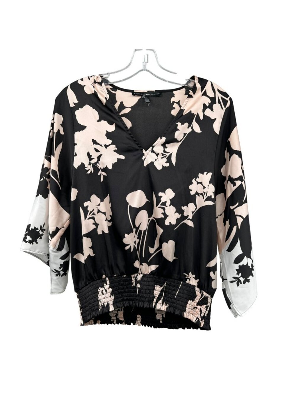 WHBM Womens Floral Blouse Smocked Hem Black/Multi V-Neck Size Medium